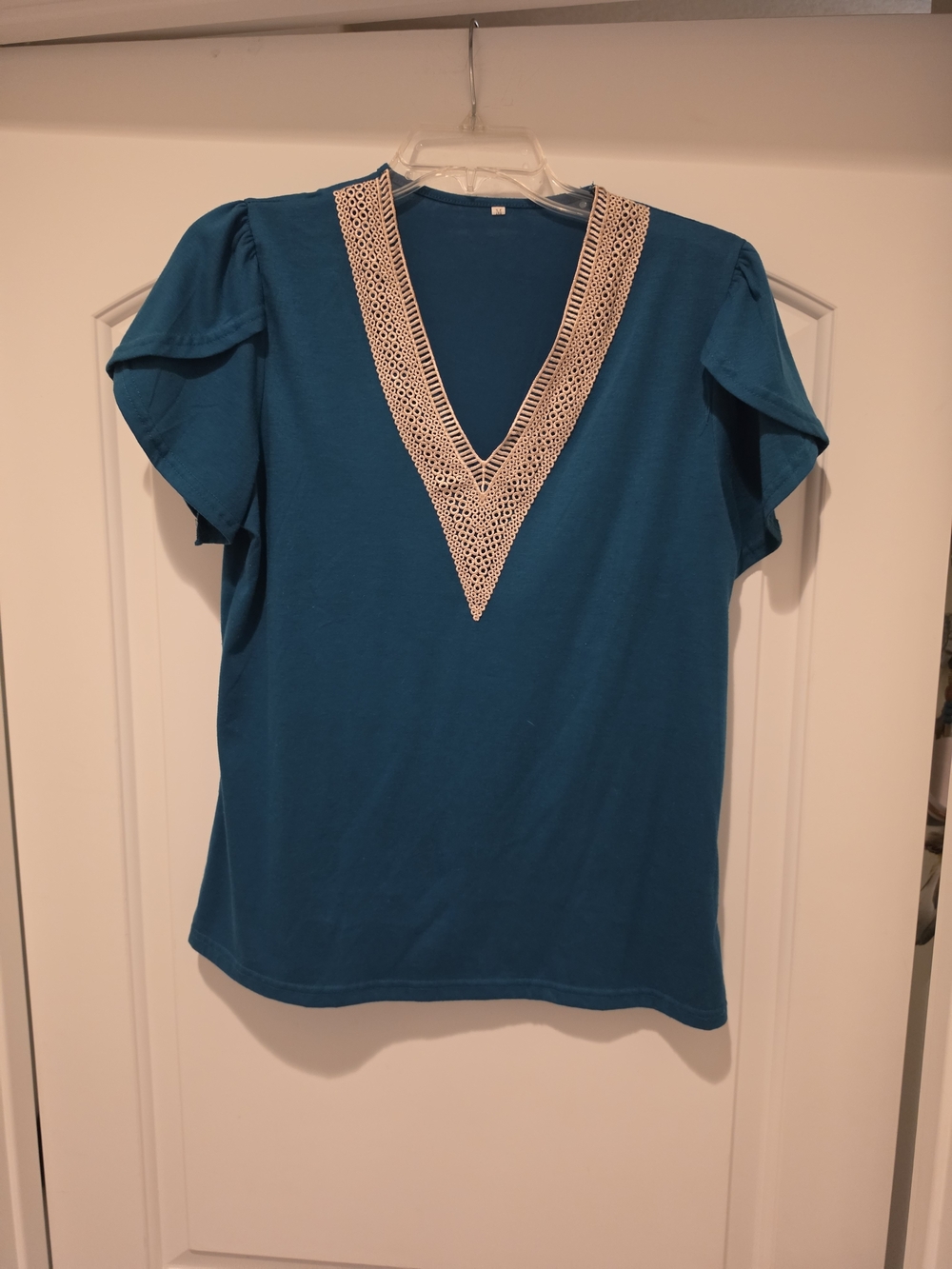 Women’s Teal V-Neck Crochet Trim Top